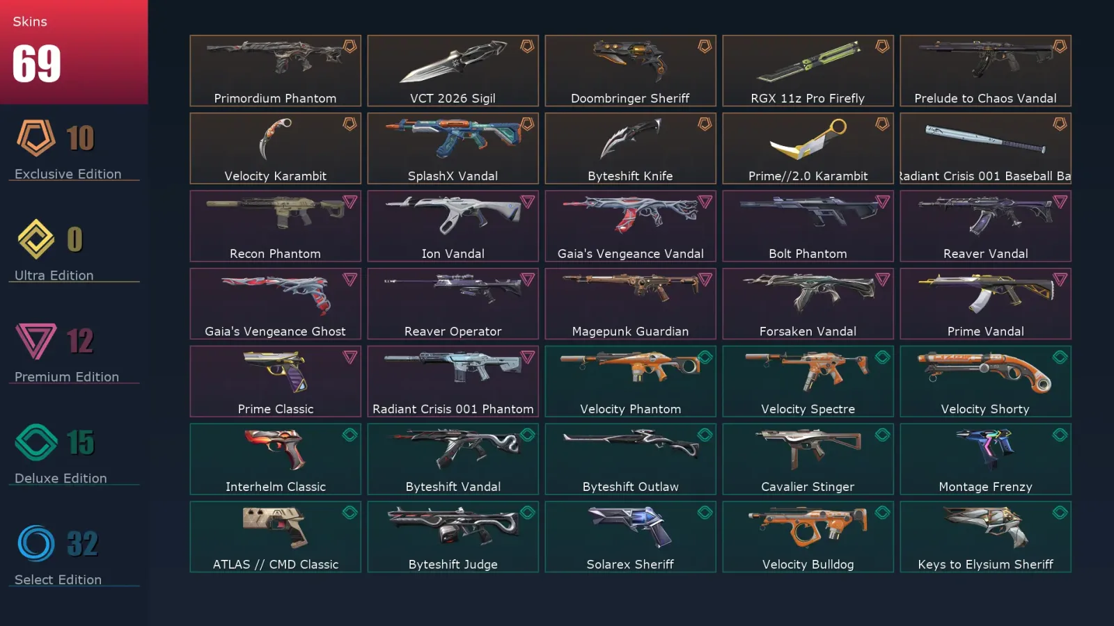 [Valorant] | EU | Level 341 | Platinum 3 | 29 Agents | 69 Skins