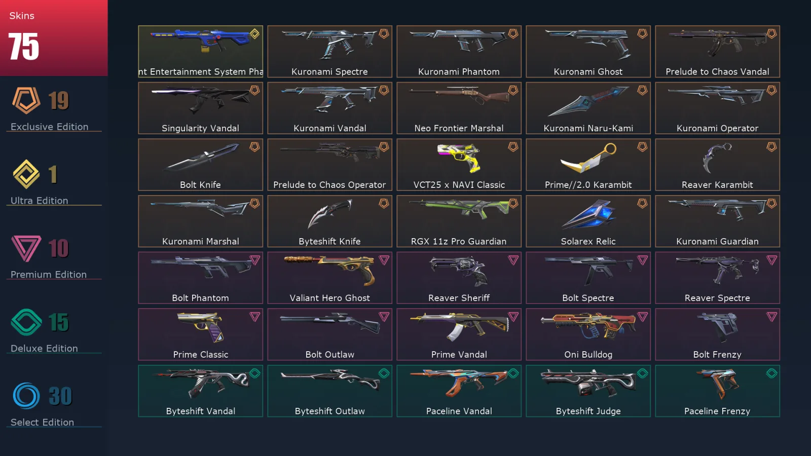 [Valorant] | EU | Level 63 | 18 Agents | 75 Skins