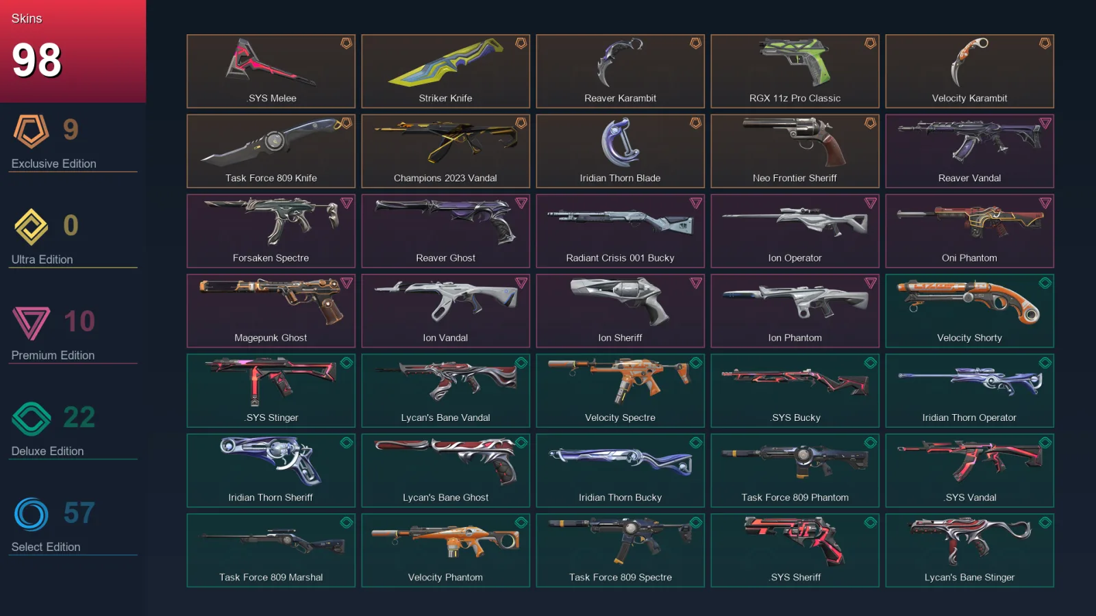 AP | Lv282 | Unranked | 98 Skin | 27 Agent | 150 Buddy