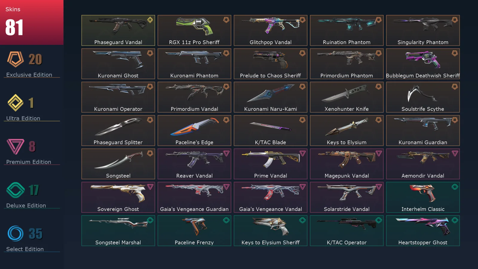 [Valorant] | EU | Level 156 | 29 Agents | 81 Skins