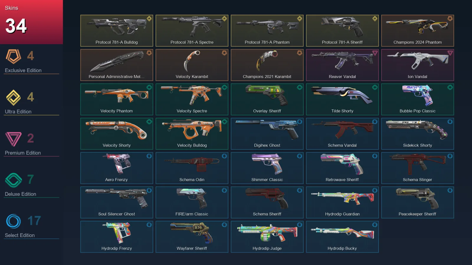 AP | Lv186 | Unranked | 34 Skin | 27 Agent | 89 Buddy
