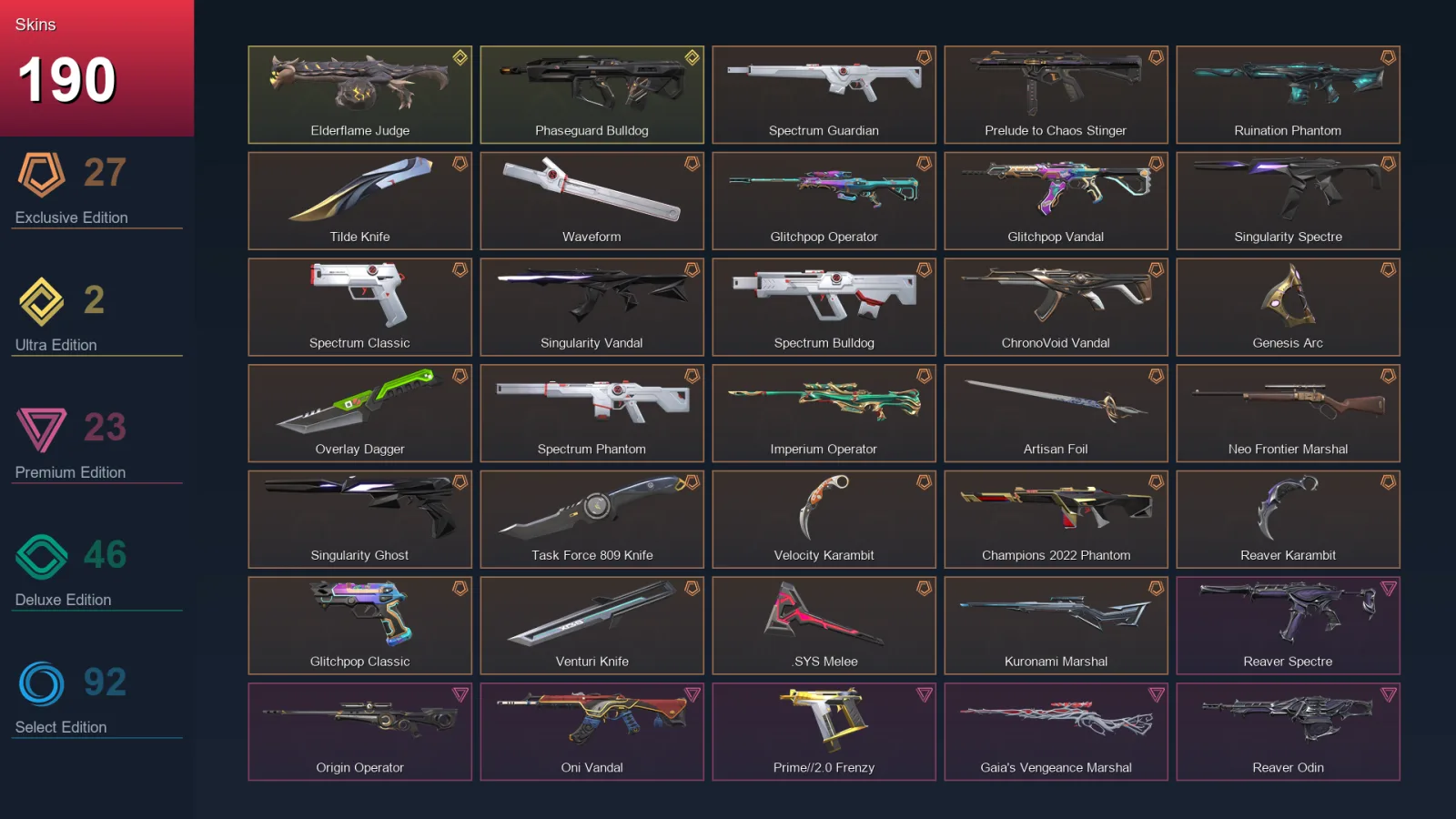 NA | Spectrum Guardian | Prelude to Chaos Stinger | Ruination Phantom | Tilde Knife | 190 Skin | 26 Agent | 149 Buddy | Lv200
