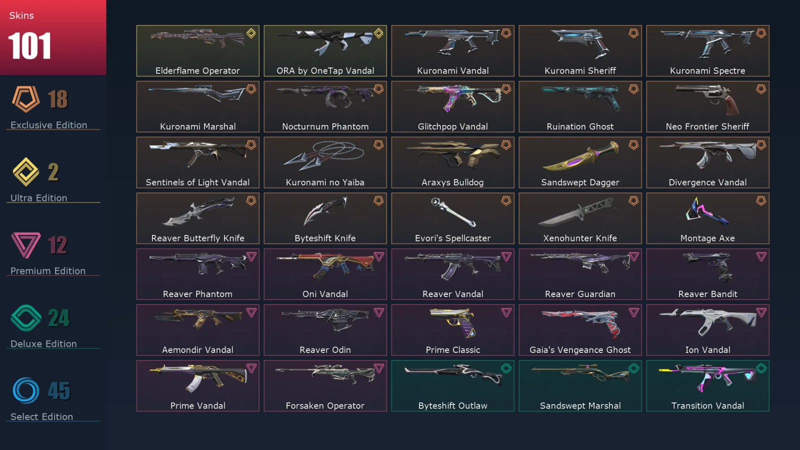 [Valorant] | EU | Level 214 | 29 Agents | 101 Skins