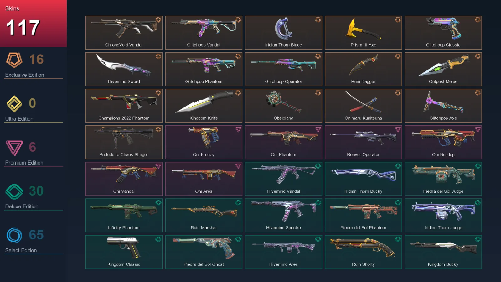 AP | Lv165 | Unranked | 117 Skin | 23 Agent | 121 Buddy — Hivemind Spectre