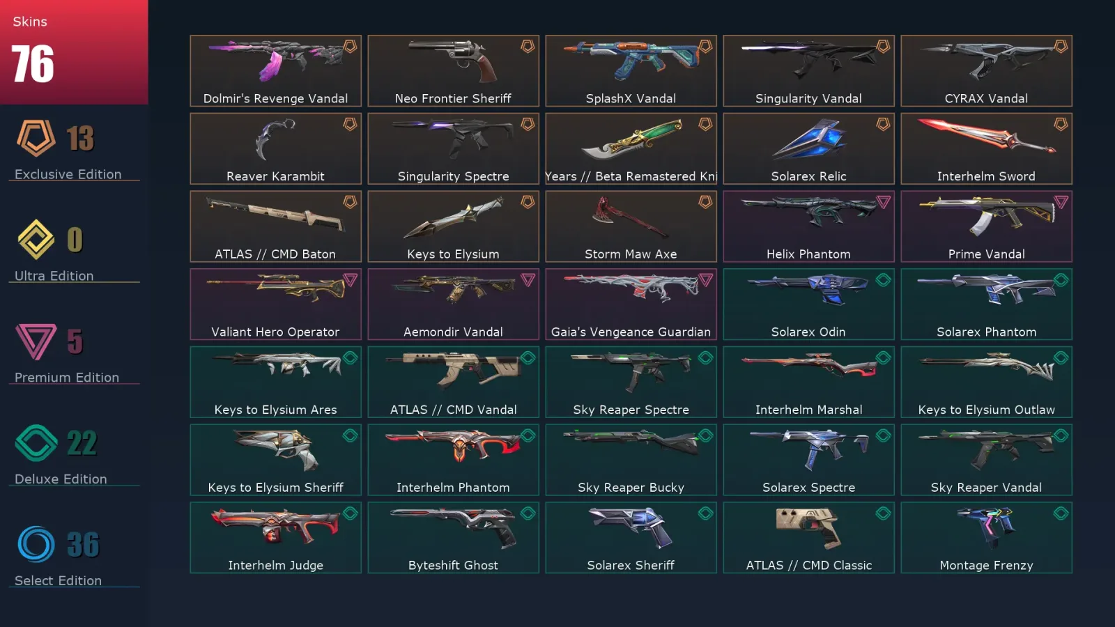 [Valorant] | EU | Level 106 | Platinum 2 | 29 Agents | 76 Skins