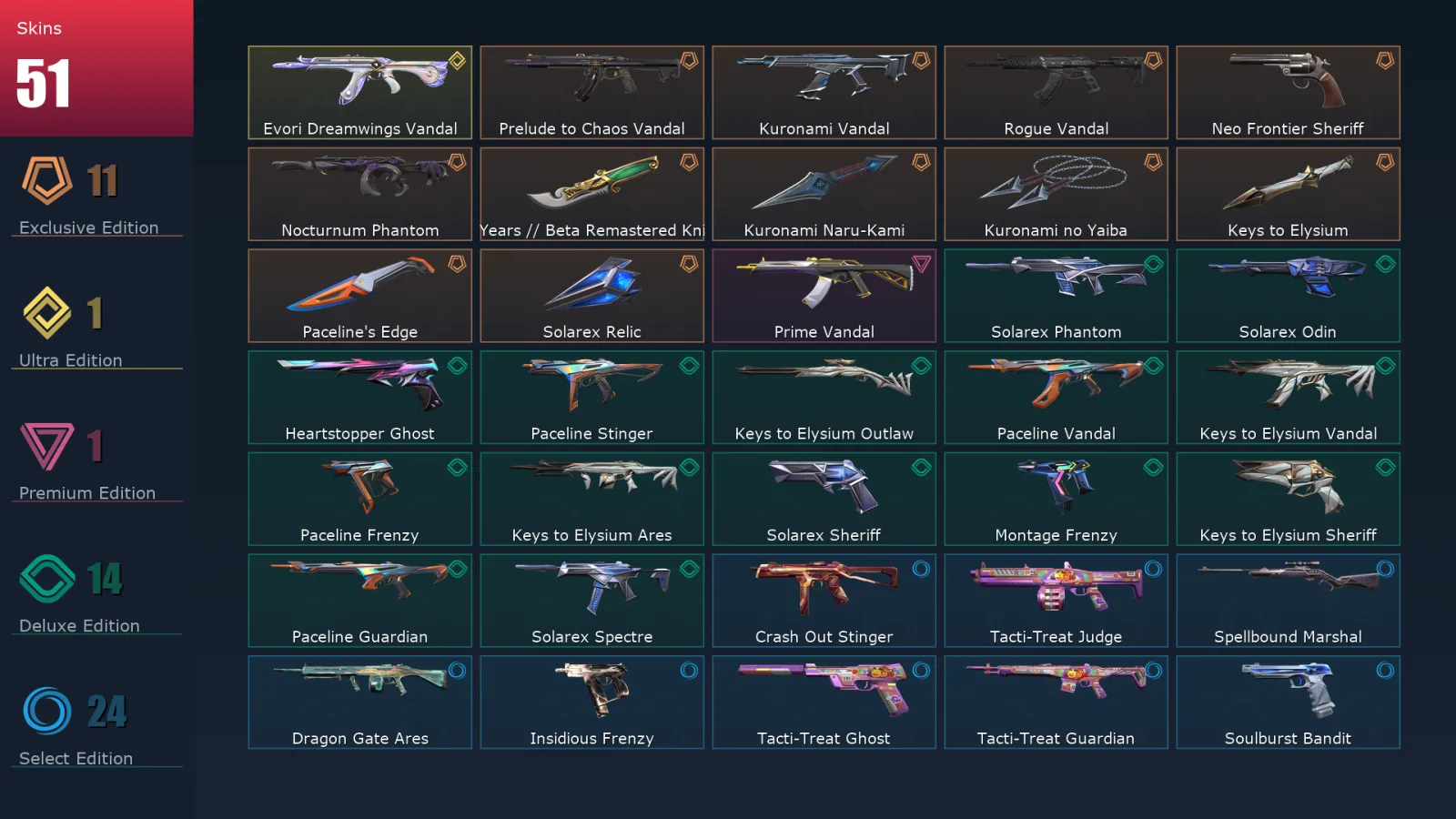 [Valorant] | EU | Level 113 | Platinum 2 | 29 Agents | 51 Skins