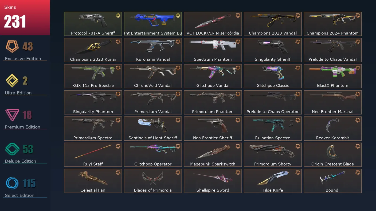 [Valorant] | EU | Level 500 | Gold 1 | 27 Agents | 231 Skins