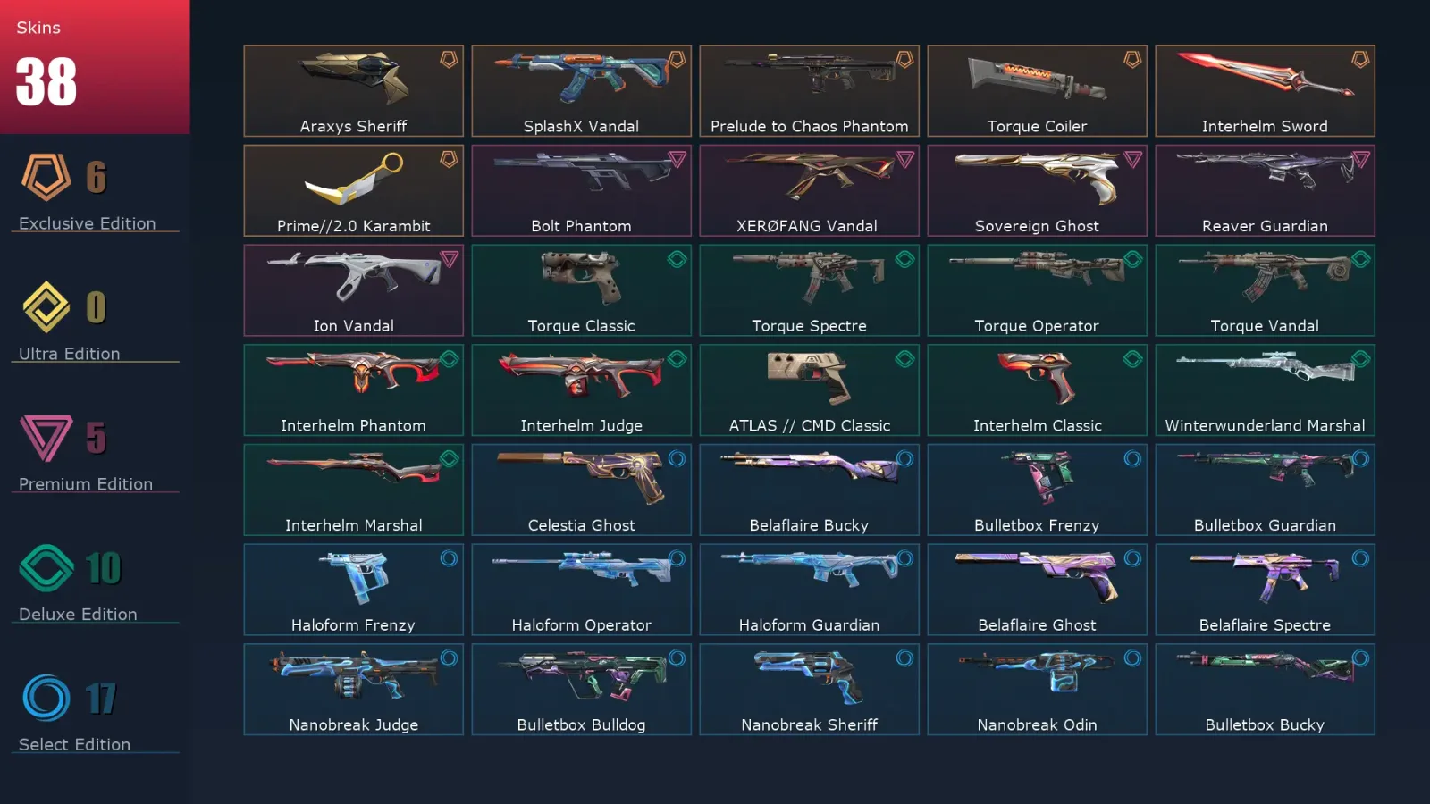 [Valorant] | EU | Level 100 | Bronze 2 | 21 Agents | 38 Skins