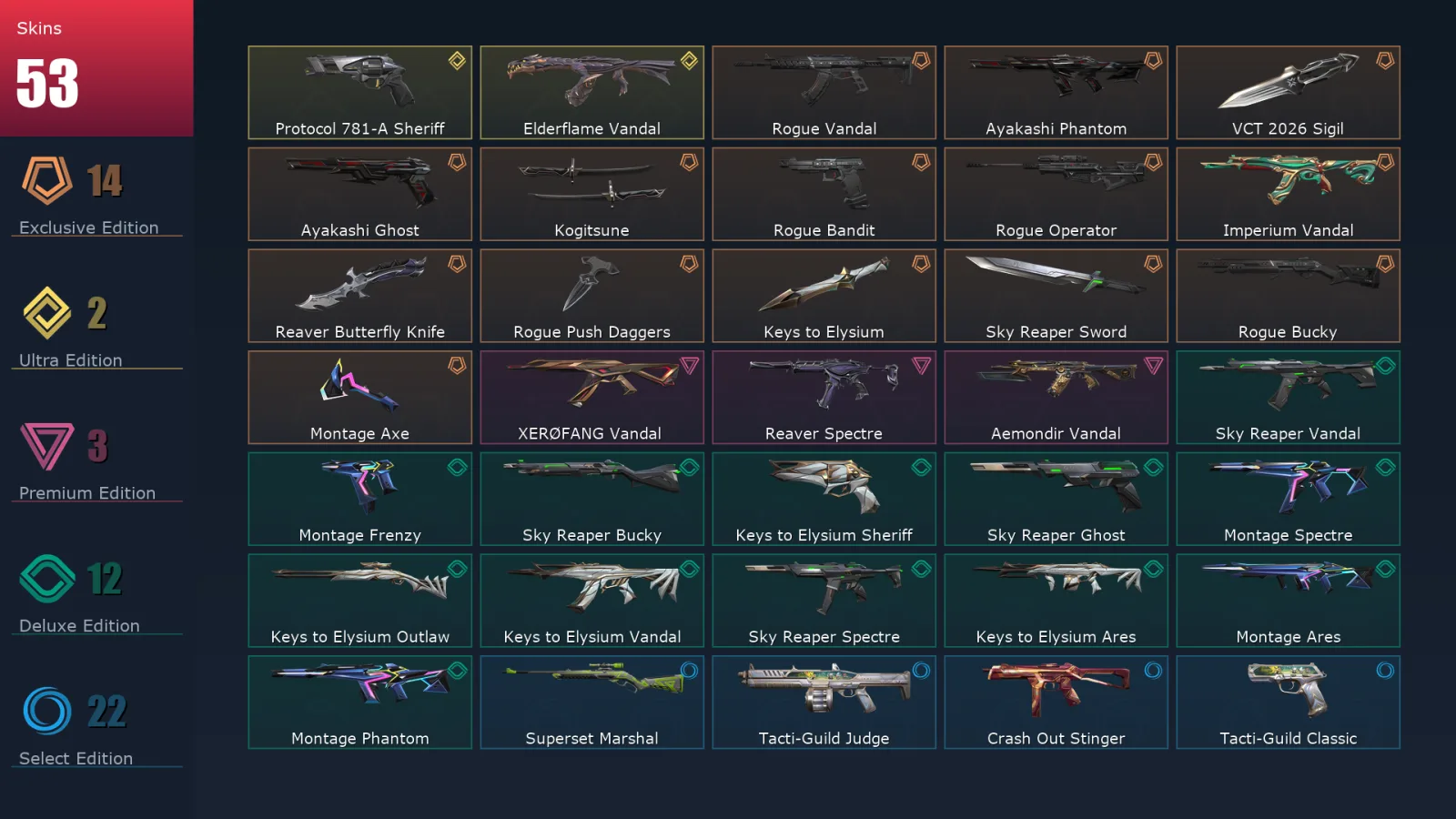 [Valorant] | EU | Level 66 | Platinum 2 | 19 Agents | 53 Skins