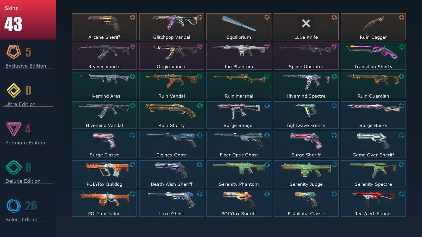 [Valorant] | EU | Level 225 | Gold 1 | 25 Agents | 43 Skins