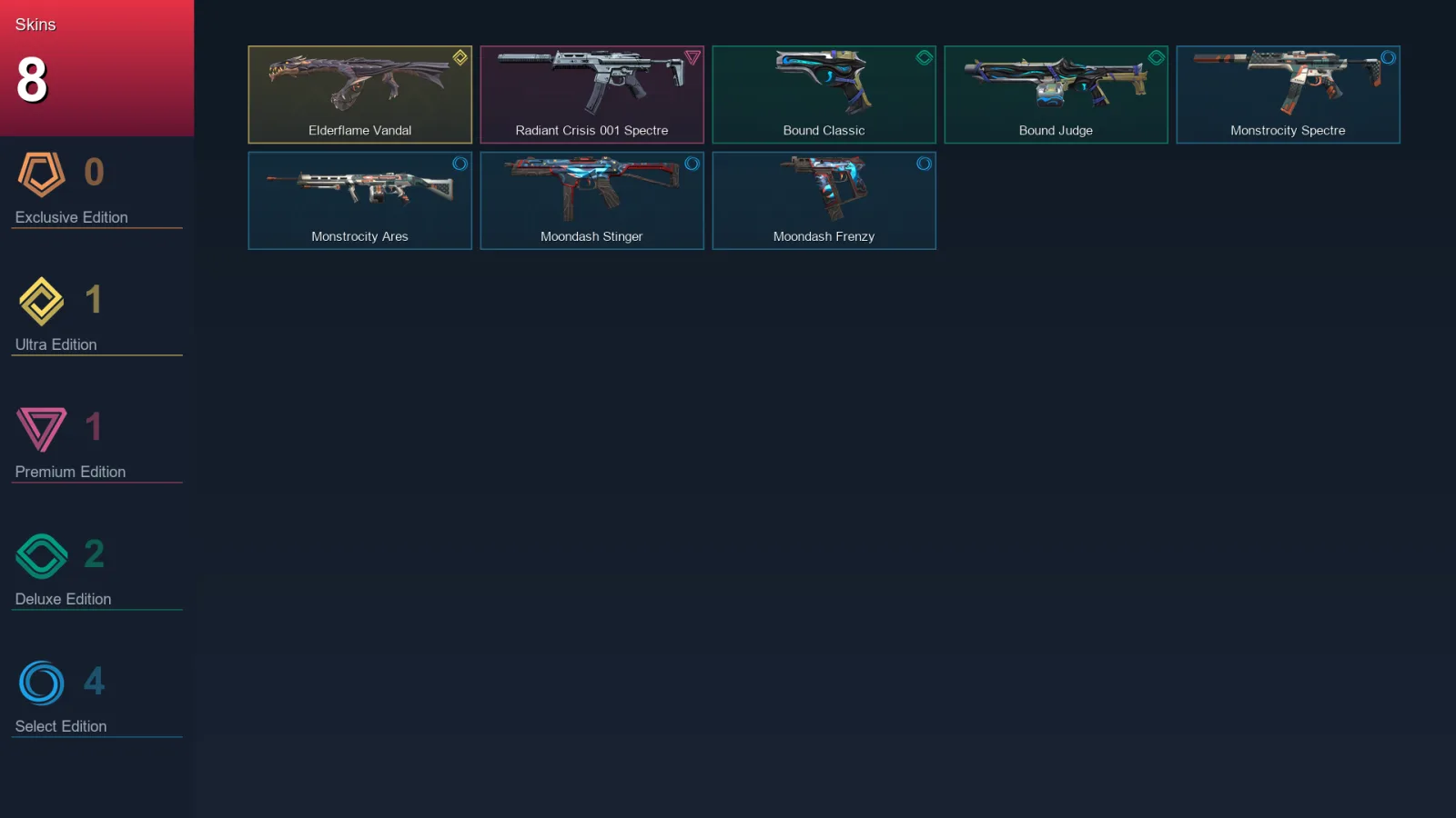 NA | Elderflame Vandal | Radiant Crisis 001 Spectre | Bound Classic | Bound Judge | 8 Skin | 8 Agent | 8 Buddy | Lv21