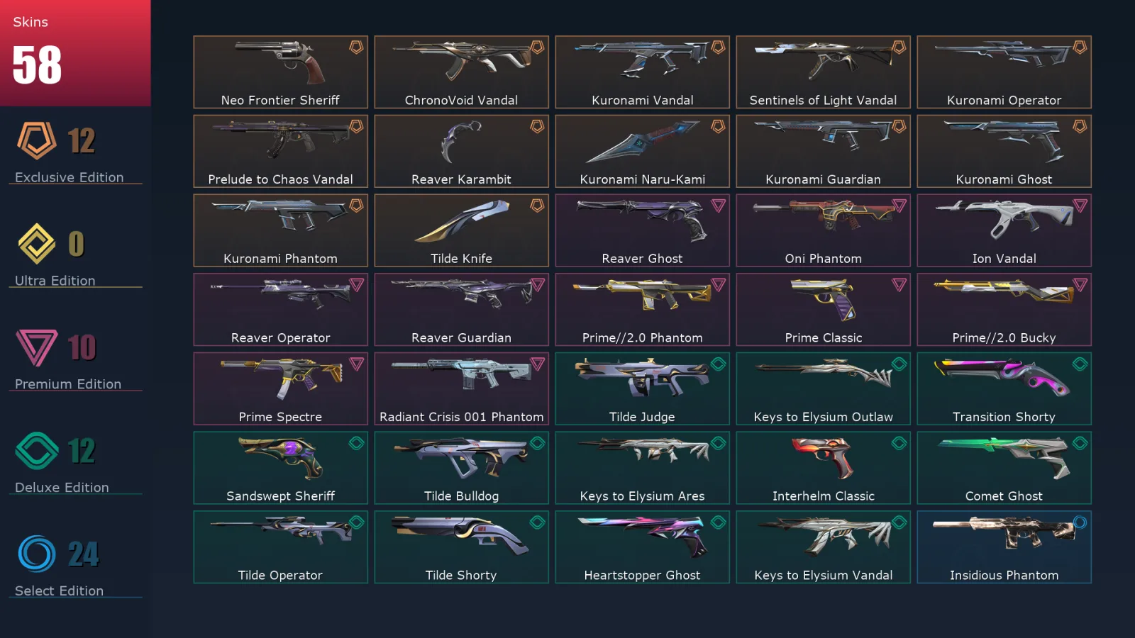 [Valorant] | EU | Level 278 | Platinum 1 | 29 Agents | 58 Skins