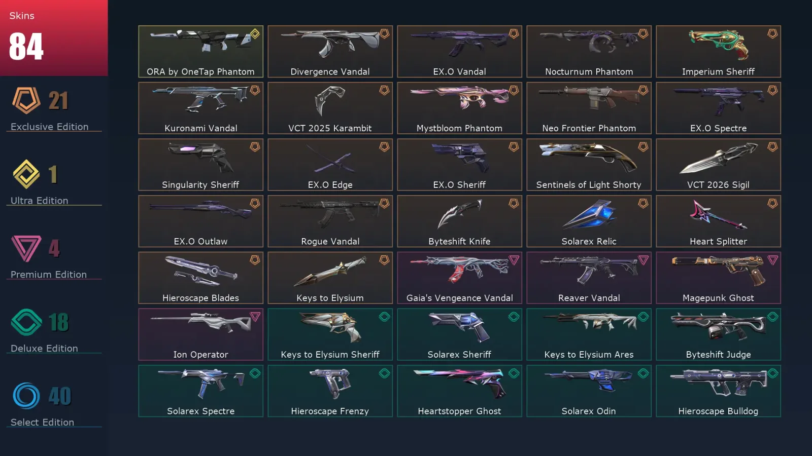 [Valorant] | EU | Level 153 | 29 Agents | 84 Skins
