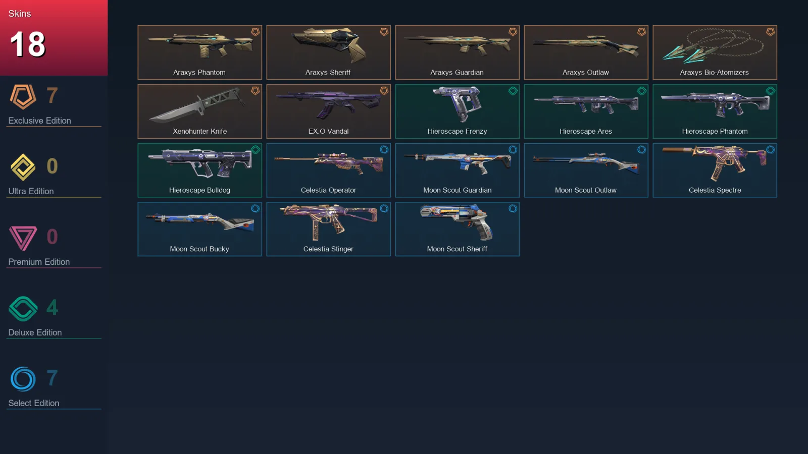 EU | Araxys Phantom | Araxys Sheriff | Araxys Guardian | Araxys Outlaw | 18 Skin | 13 Agent | 20 Buddy | Lv35