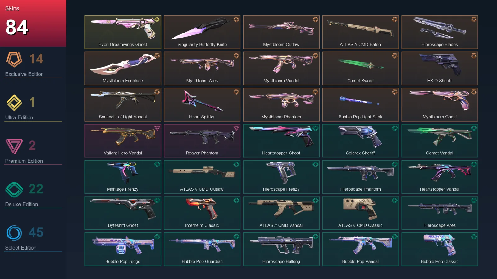 AP | Singularity Butterfly Knife | Mystbloom Outlaw | ATLAS // CMD Baton | Hieroscape Blades | 84 Skin | 29 Agent | 110 Buddy | Lv217