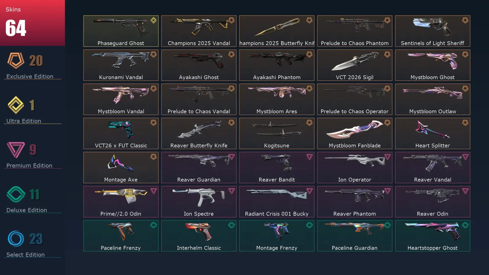 [Valorant] | EU | Level 160 | Gold 1 | 29 Agents | 64 Skins