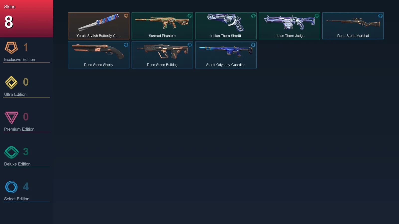 AP | Yoru's Stylish Butterfly Comb | Sarmad Phantom | Iridian Thorn Sheriff | Iridian Thorn Judge | 8 Skin | 11 Agent | 17 Buddy | Lv35