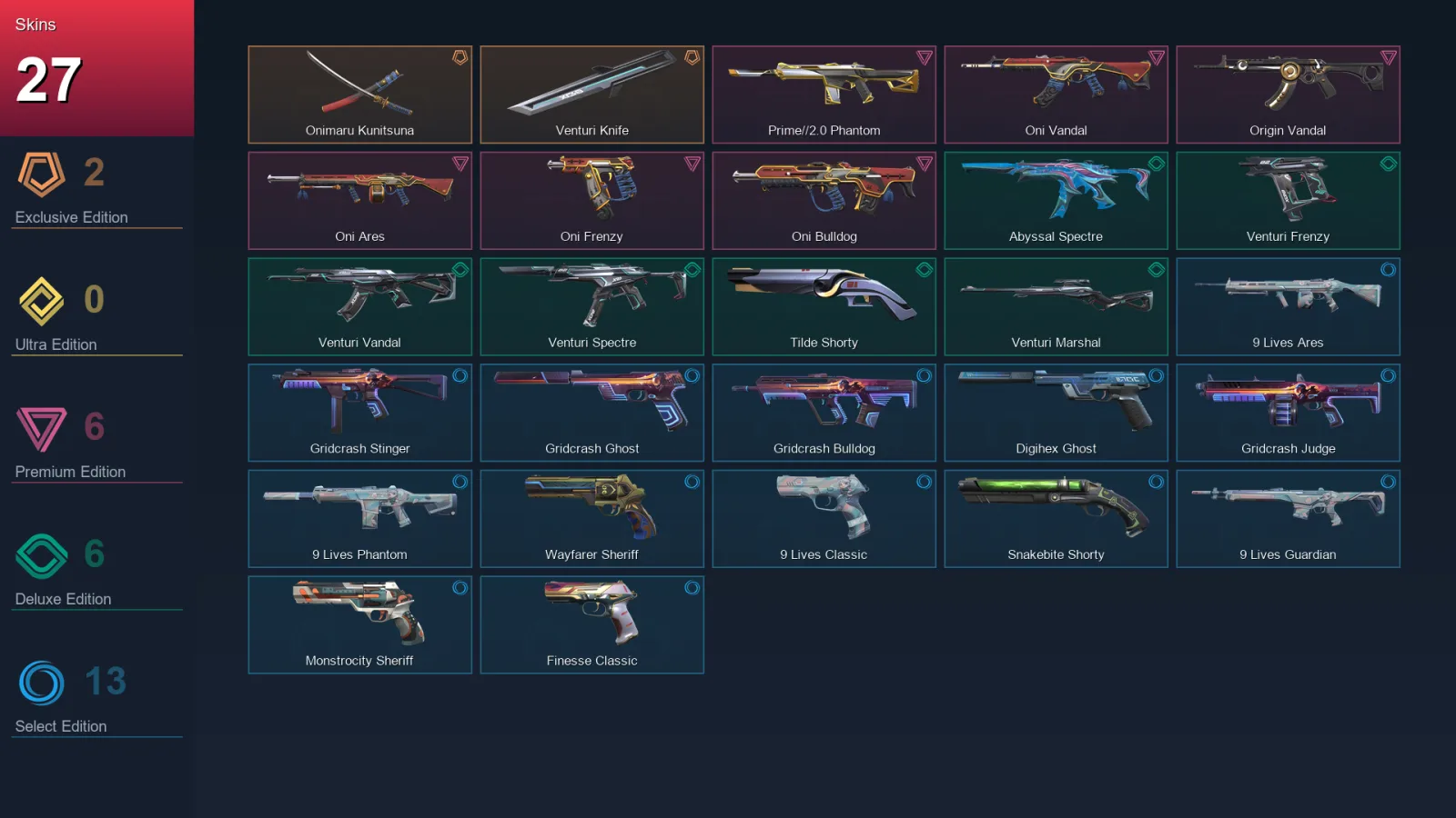 EU | Lv115 | Unranked | 27 Skin | 24 Agent | 66 Buddy — Venturi Spectre