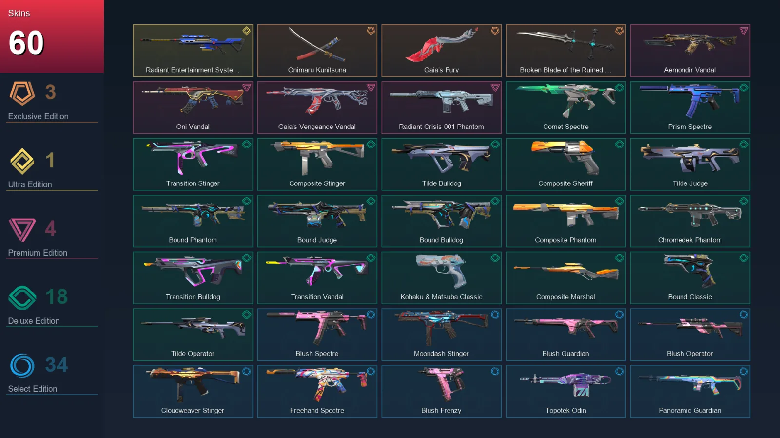 EU | Lv88 | Unranked | 60 Skin | 22 Agent | 58 Buddy &mdash; Valorant account with Frenzy skin