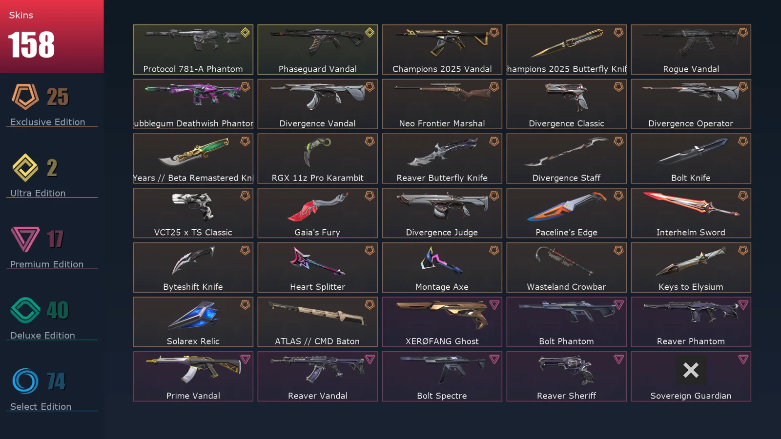 [Valorant] | EU | Level 202 | 29 Agents | 158 Skins