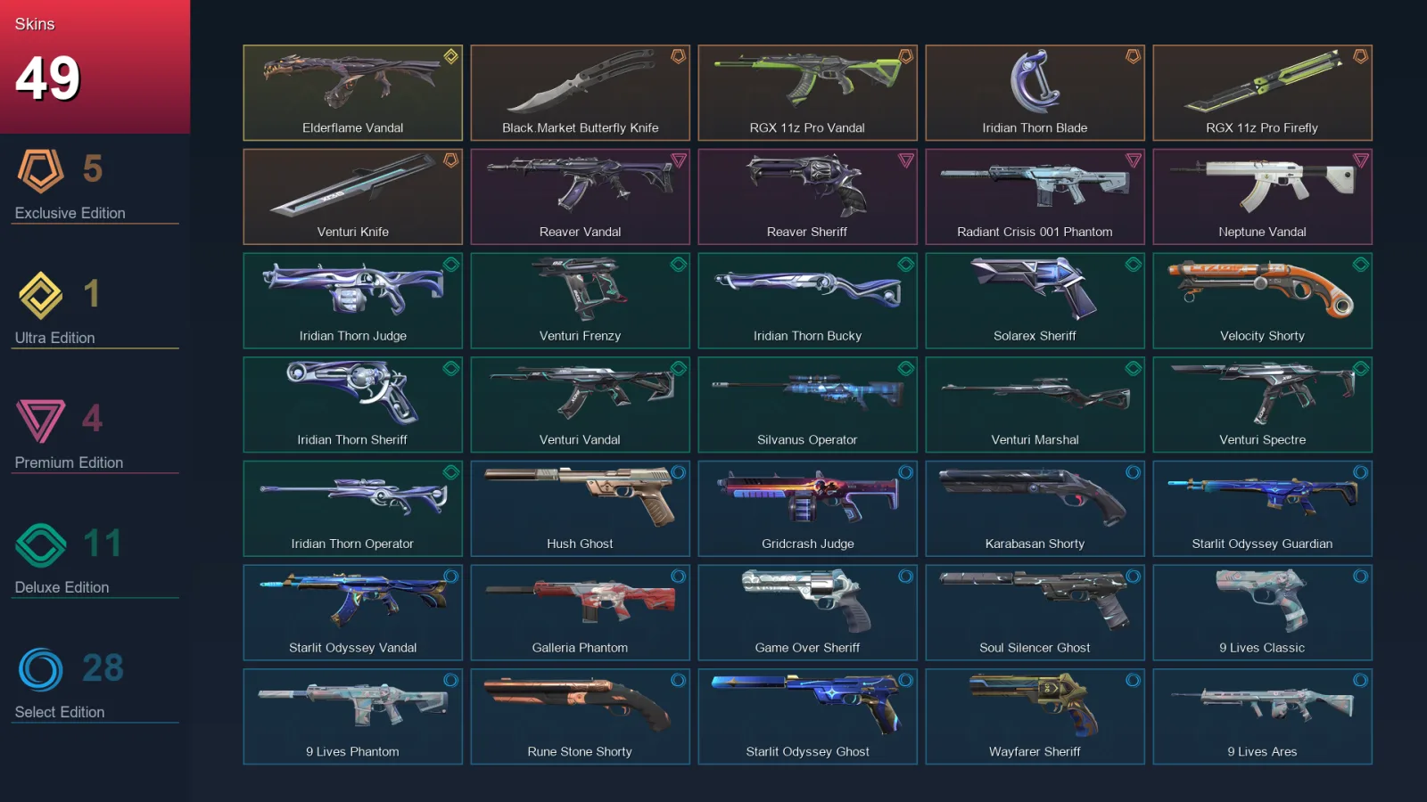 EU | Black.Market Butterfly Knife | RGX 11z Pro Vandal | Iridian Thorn Blade | RGX 11z Pro Firefly | 49 Skin | 23 Agent | 74 Buddy | Lv176