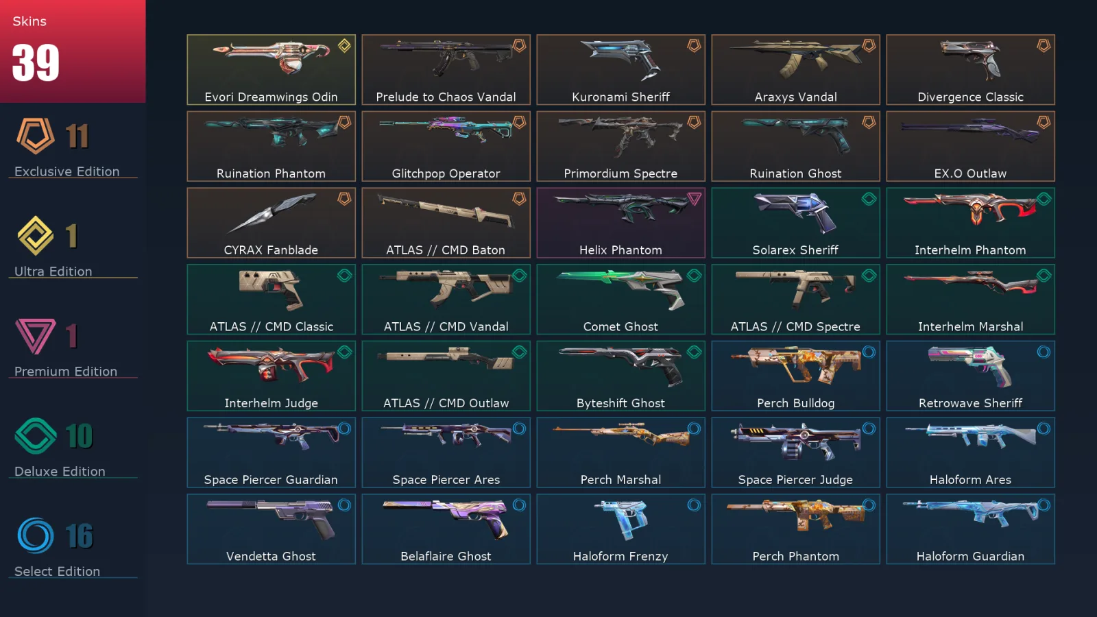 [Valorant] | EU | Level 130 | Platinum 1 | 29 Agents | 39 Skins