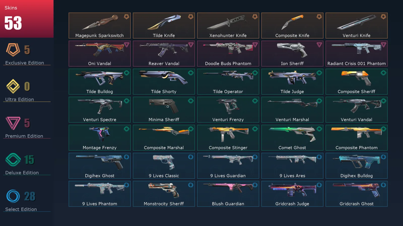 [Valorant] | EU | Level 174 | Platinum 2 | 29 Agents | 53 Skins