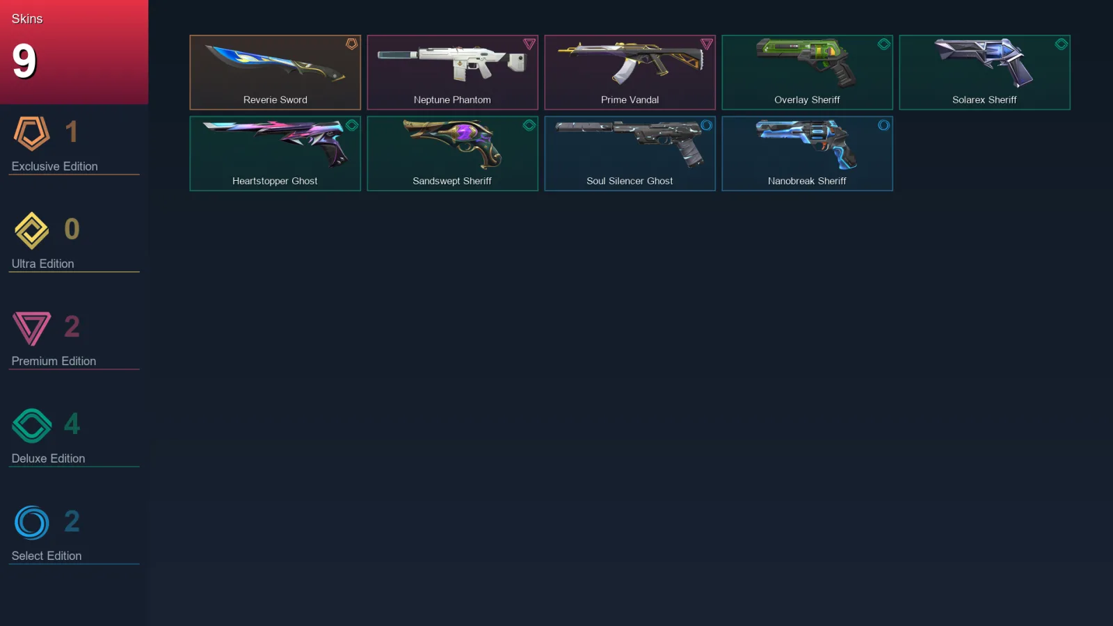 AP | Reverie Sword | Neptune Phantom | Prime Vandal | Overlay Sheriff | 9 Skin | 28 Agent | 63 Buddy | Lv153