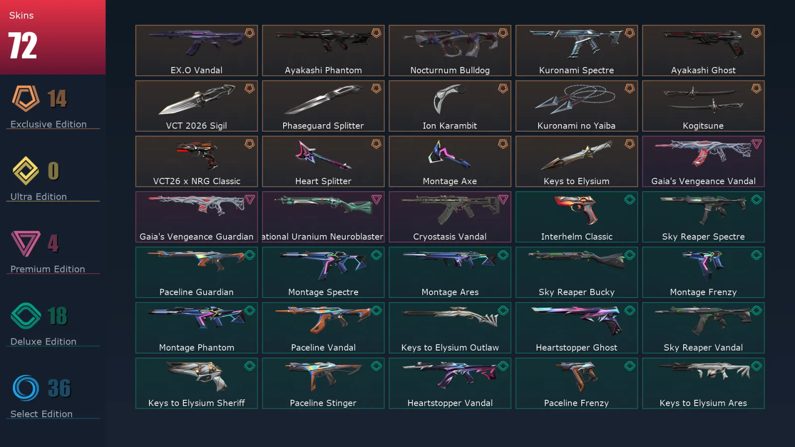 [Valorant] | EU | Level 100 | 16 Agents | 72 Skins