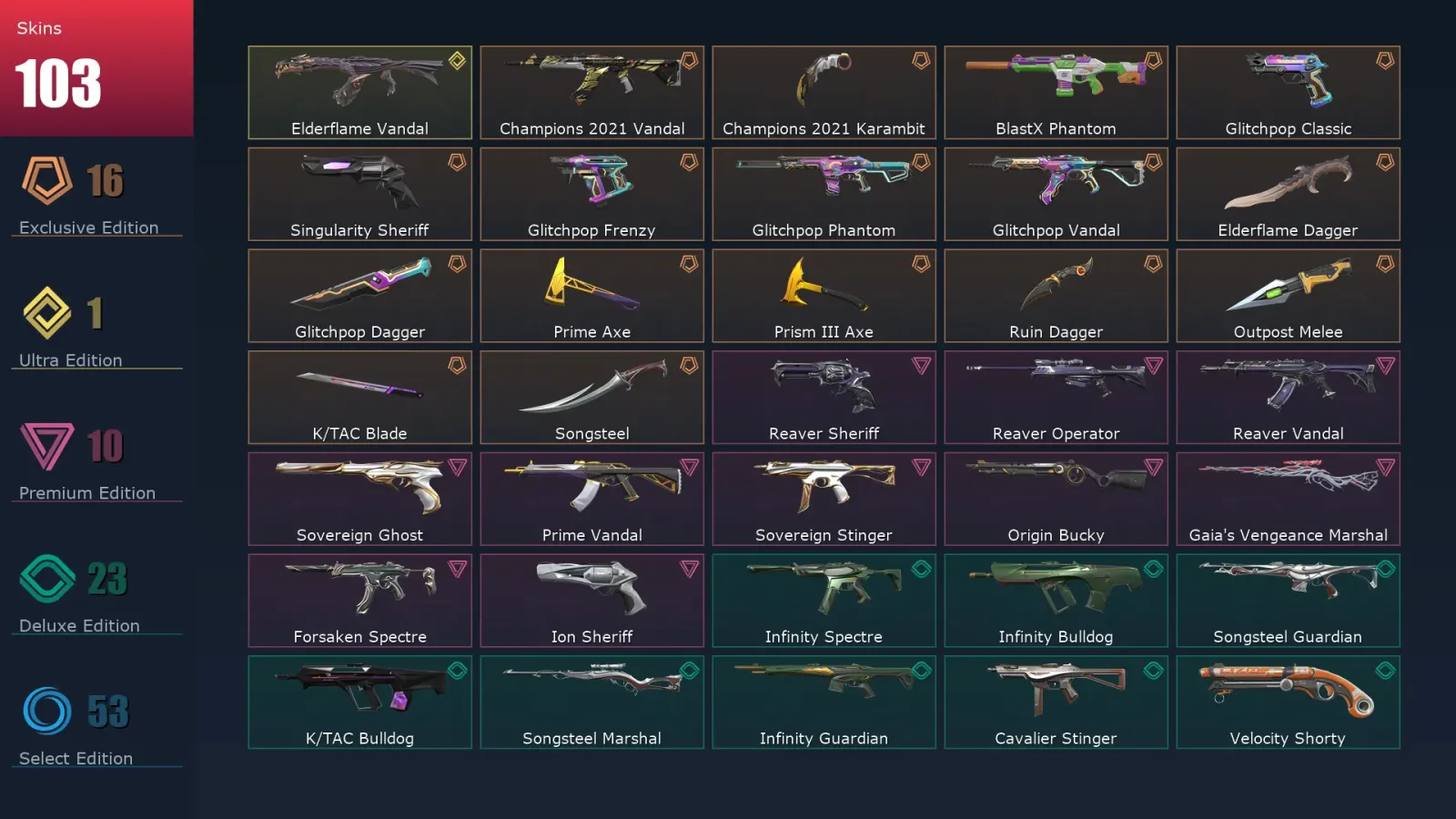 [Valorant] | EU | Level 244 | Gold 1 | 24 Agents | 103 Skins