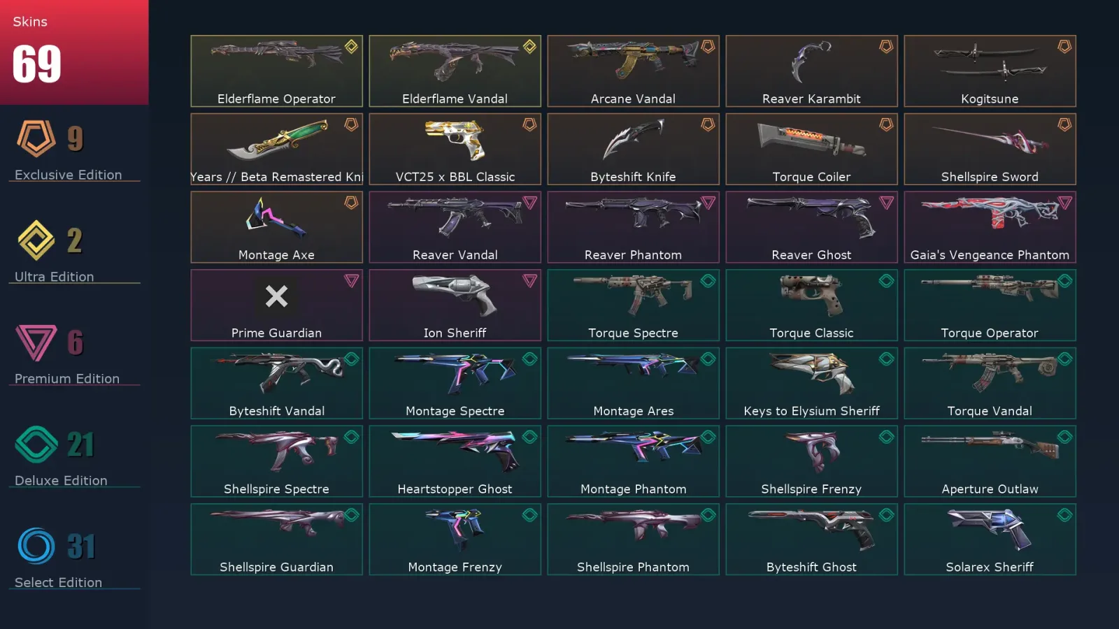 [Valorant] | EU | Level 201 | Gold 1 | 29 Agents | 69 Skins