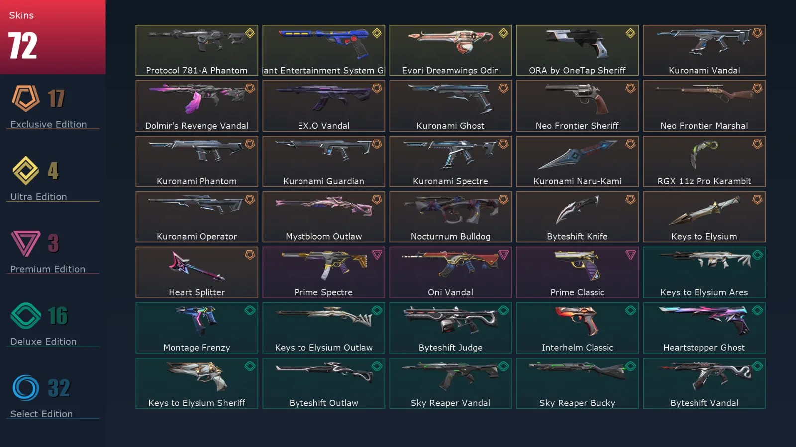 [Valorant] | EU | Level 166 | Diamond 2 | 29 Agents | 72 Skins