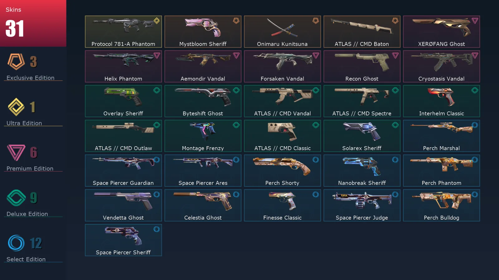 [Valorant] | EU | Level 196 | Gold 2 | 29 Agents | 31 Skins
