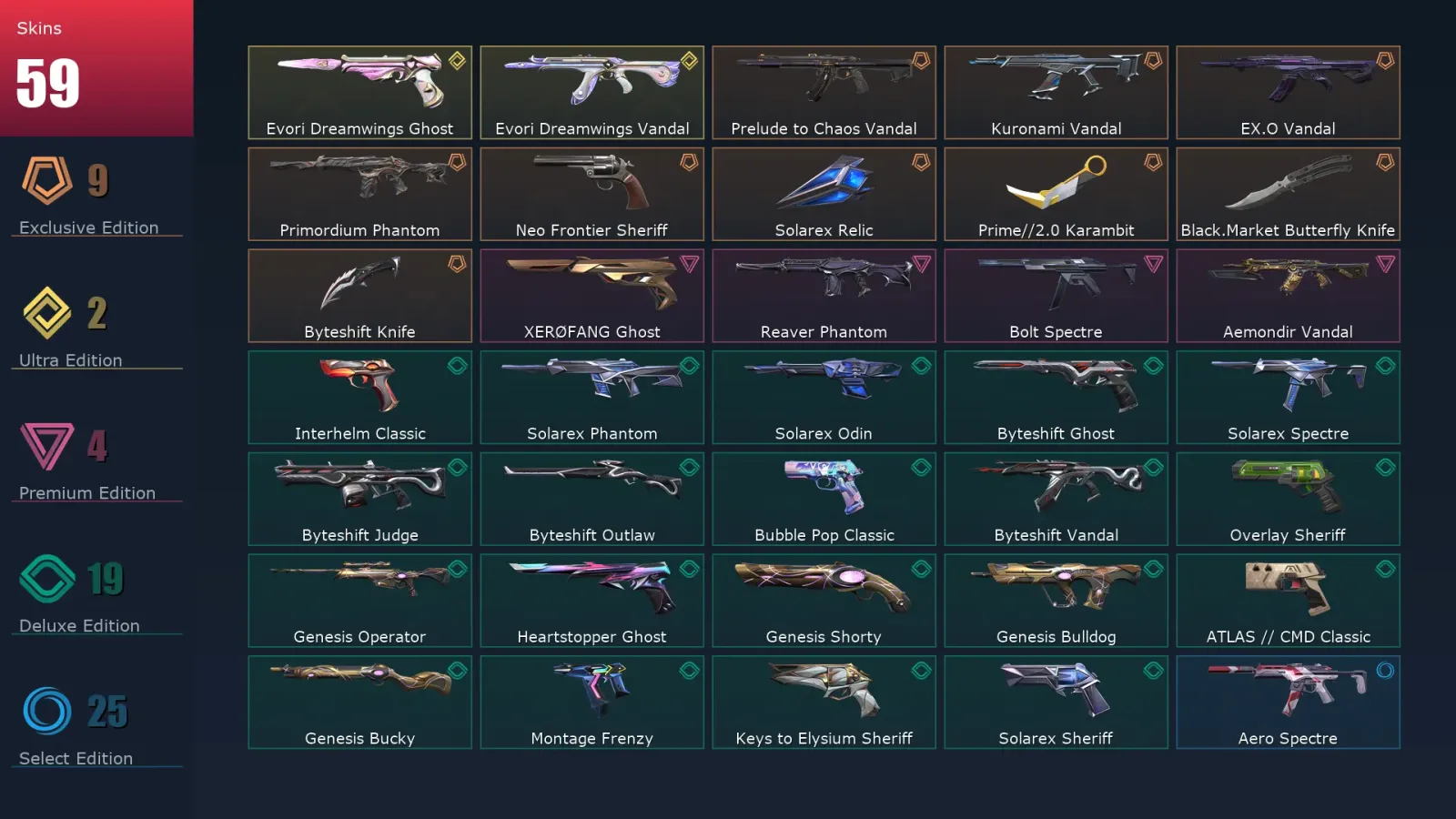 [Valorant] | EU | Level 336 | Gold 3 | 29 Agents | 59 Skins