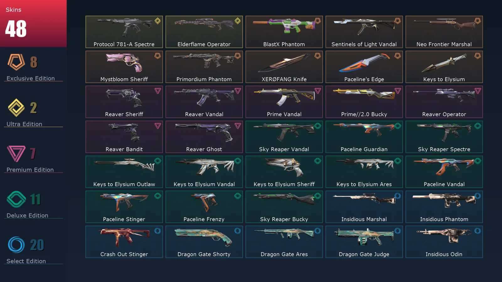 [Valorant] | EU | Level 33 | Platinum 2 | 12 Agents | 48 Skins