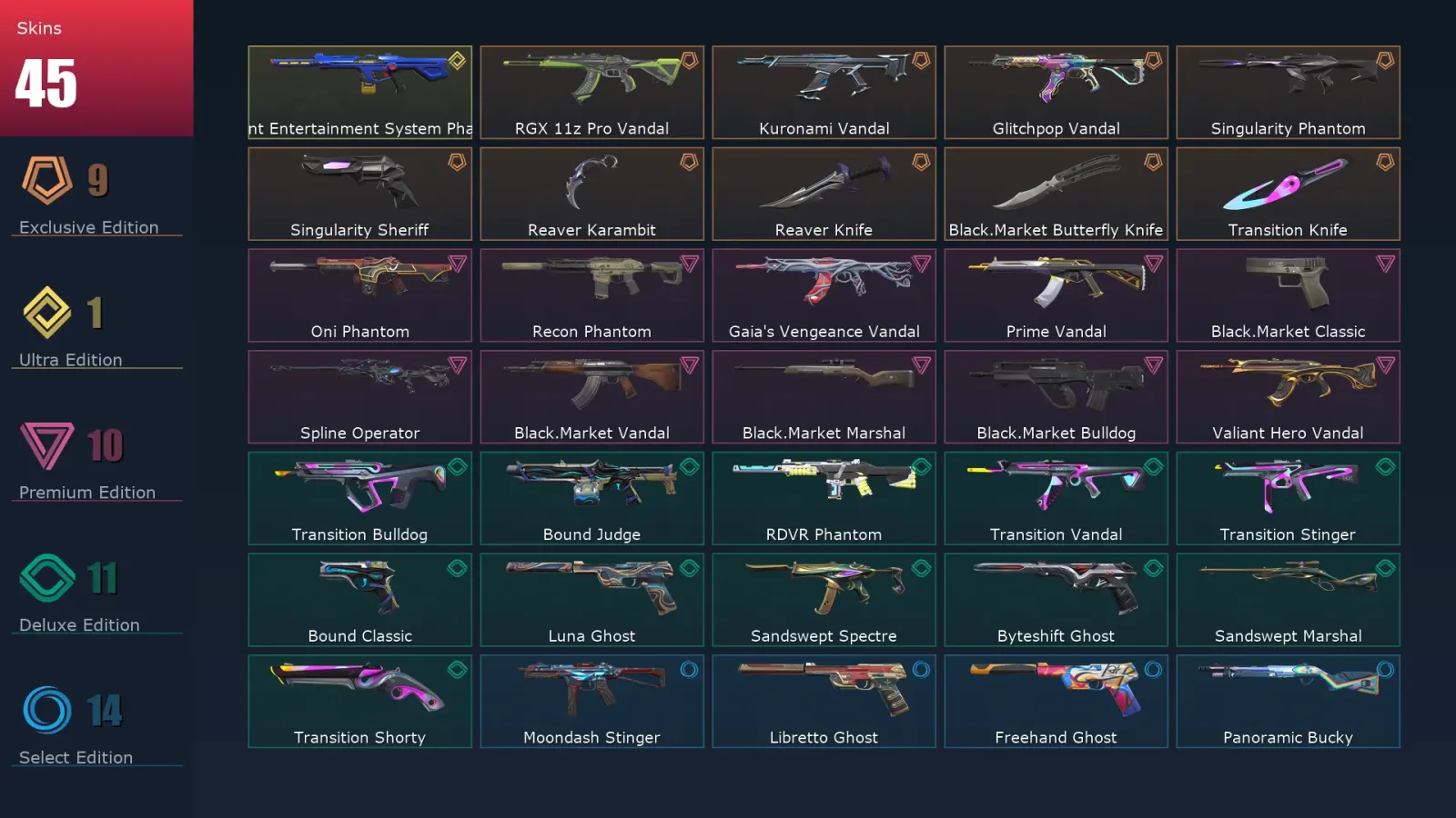 [Valorant] | EU | Level 68 | 22 Agents | 45 Skins