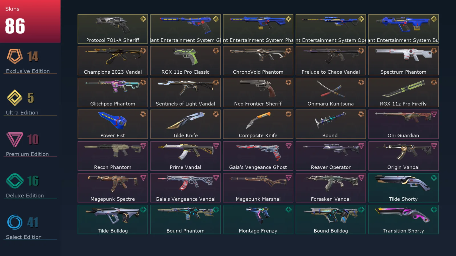 [Valorant] | EU | Level 323 | Silver 3 | 29 Agents | 86 Skins