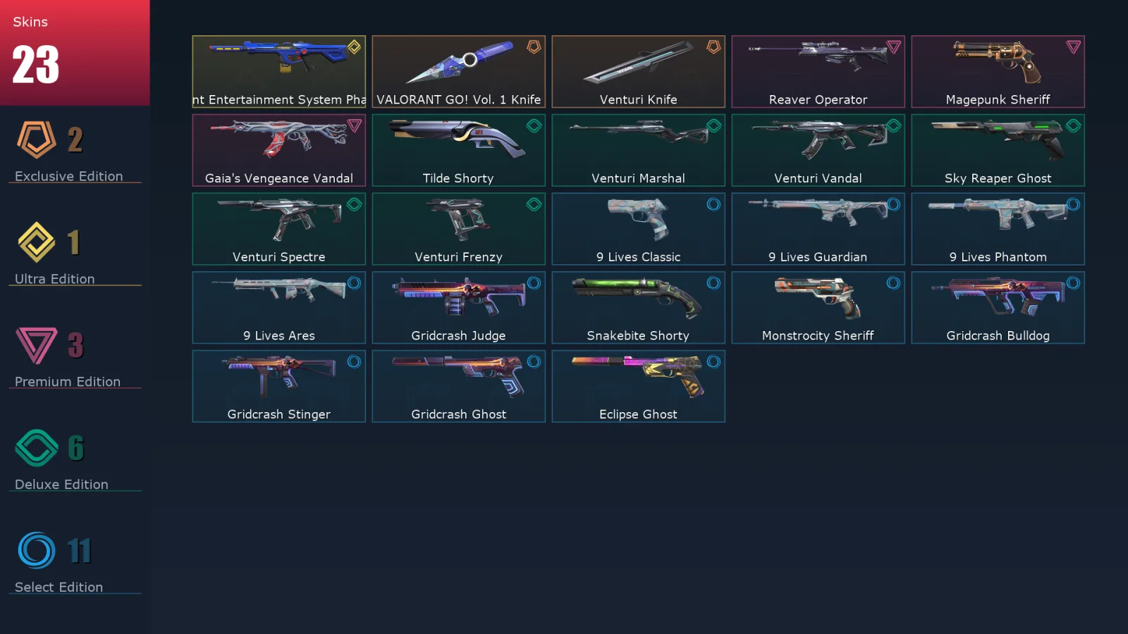 [Valorant] | EU | Level 162 | Platinum 1 | 28 Agents | 23 Skins