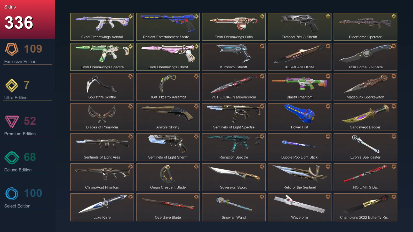 NA | Lv189 | Unranked | 336 Skin | 25 Agent | 147 Buddy