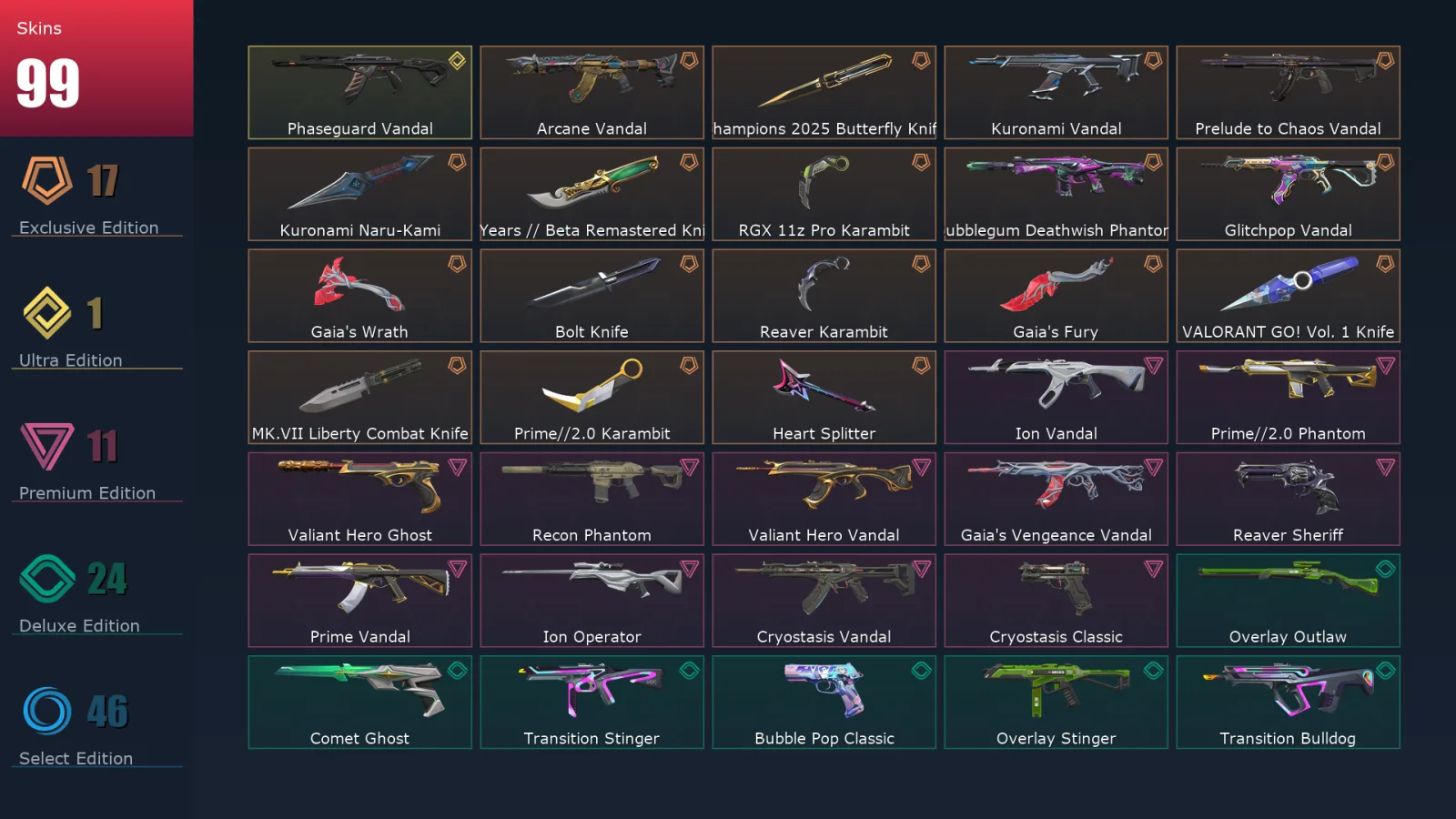 [Valorant] | EU | Level 272 | Platinum 3 | 29 Agents | 99 Skins