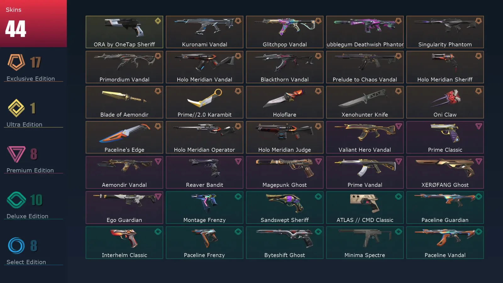 [Valorant] | EU | Level 174 | 29 Agents | 44 Skins