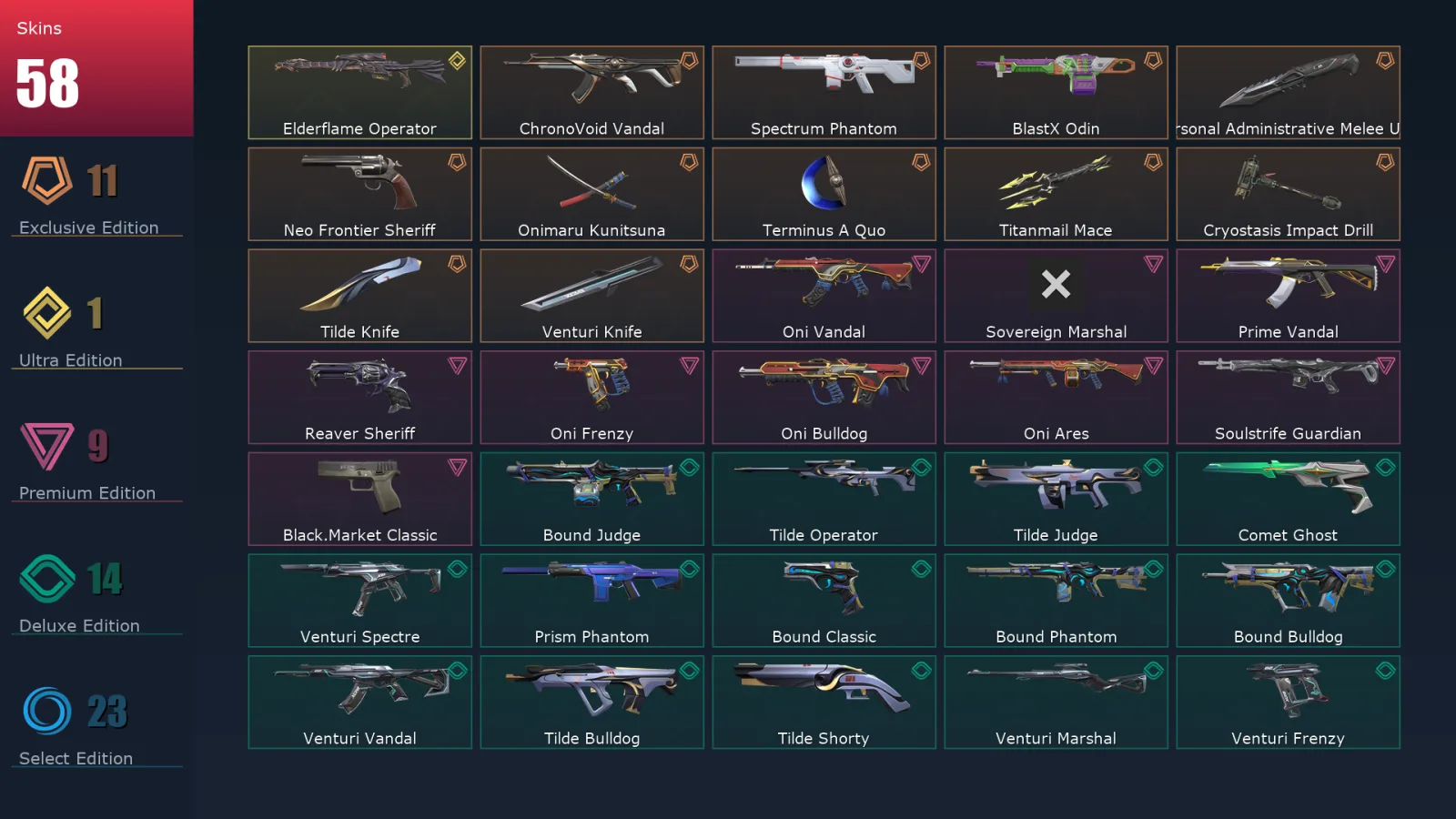 [Valorant] | EU | Level 133 | 25 Agents | 58 Skins