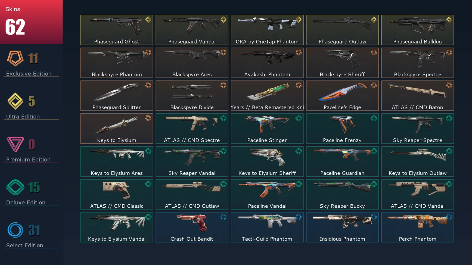 [Valorant] | EU | Level 62 | Silver 2 | 23 Agents | 62 Skins