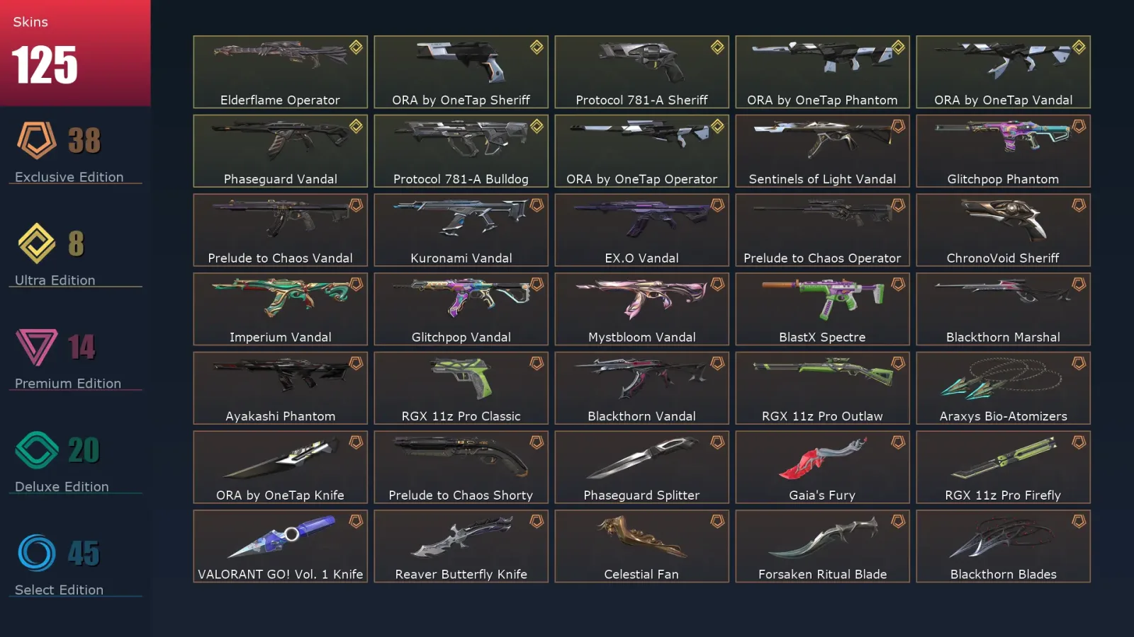 [Valorant] | EU | Level 309 | Platinum 1 | 29 Agents | 125 Skins