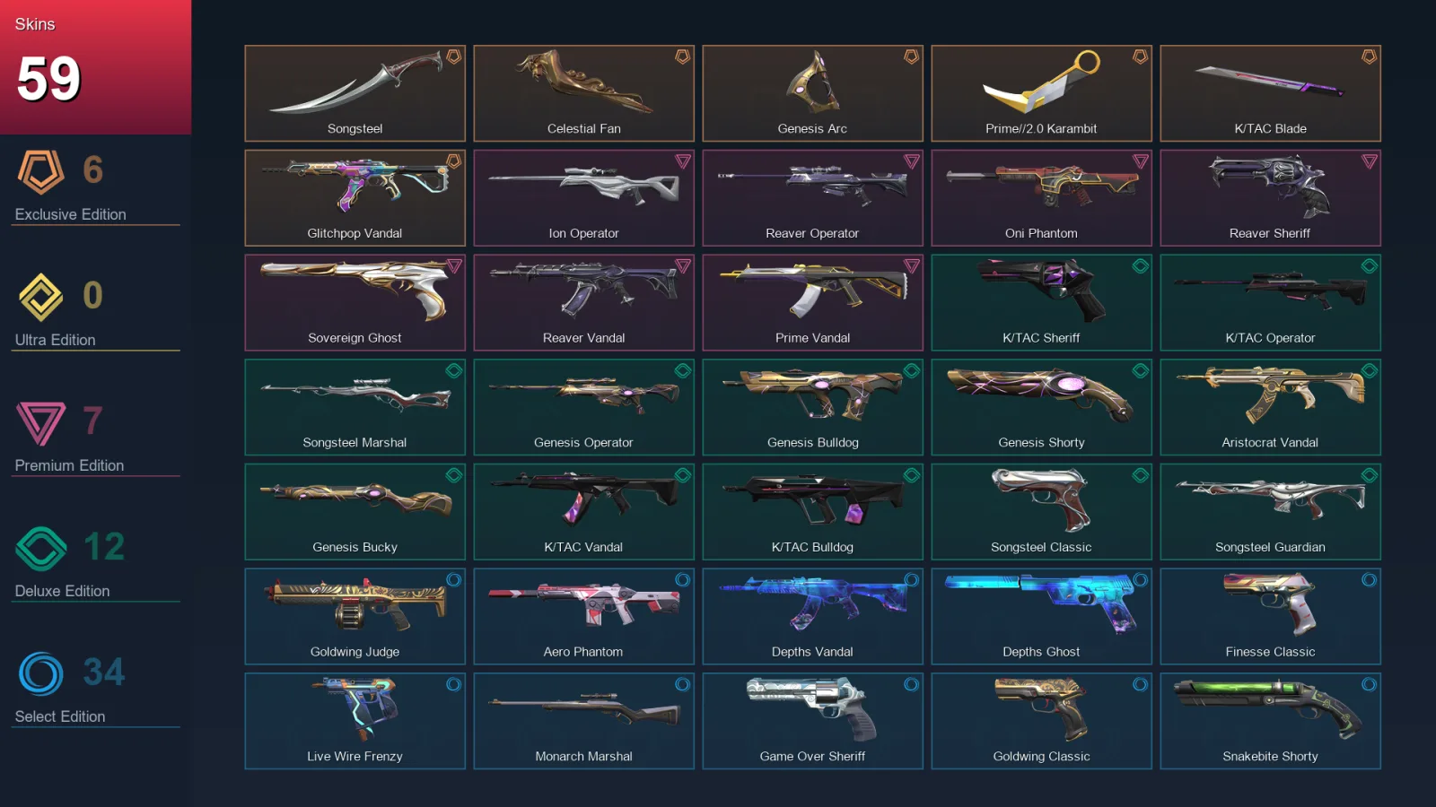 AP | Songsteel | Celestial Fan | Genesis Arc | Prime//2.0 Karambit | 59 Skin | 22 Agent | 85 Buddy | Lv172