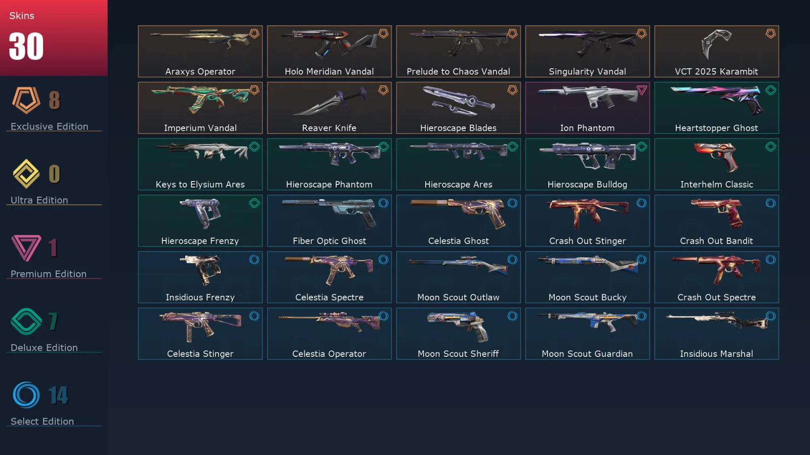 [Valorant] | EU | Level 115 | 25 Agents | 30 Skins