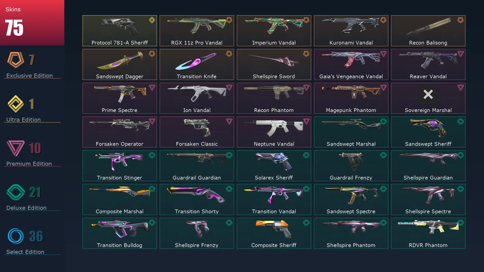 [Valorant] | EU | Level 159 | 28 Agents | 75 Skins
