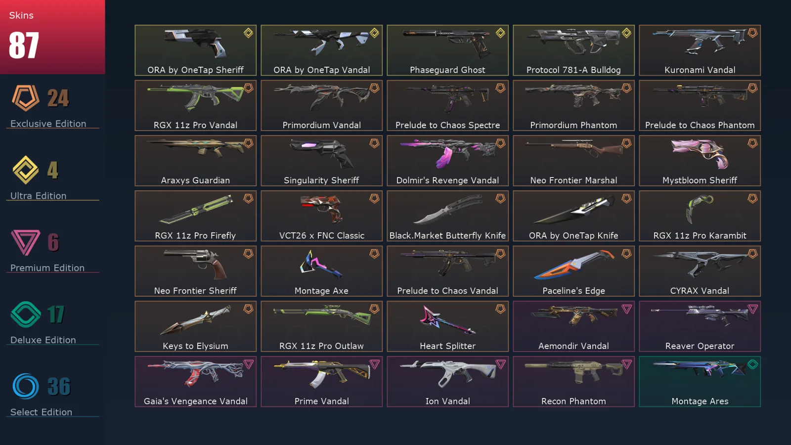 [Valorant] | EU | Level 163 | Diamond 2 | 26 Agents | 87 Skins