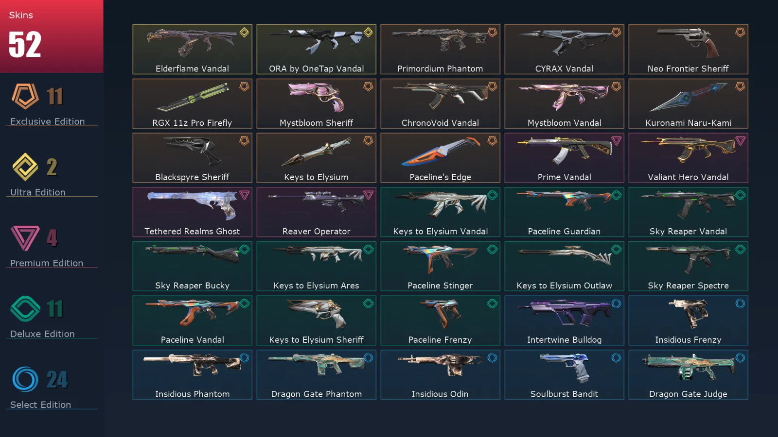 [Valorant] | EU | Level 56 | Gold 1 | 17 Agents | 52 Skins