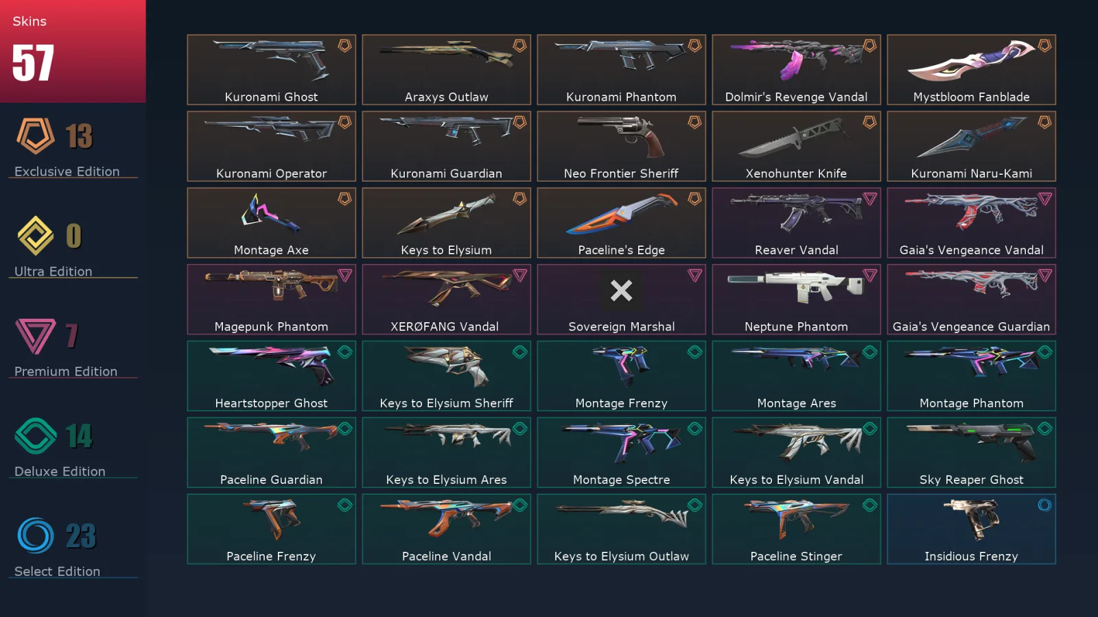 [Valorant] | EU | Level 105 | Gold 1 | 28 Agents | 57 Skins